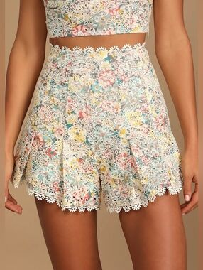 Lulus Sweeter Than Ever Floral Eyelet Lace High-Waisted Shorts, L, Cottagecore